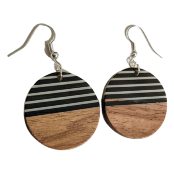 Black and White with Wood Striped Disc Earrings