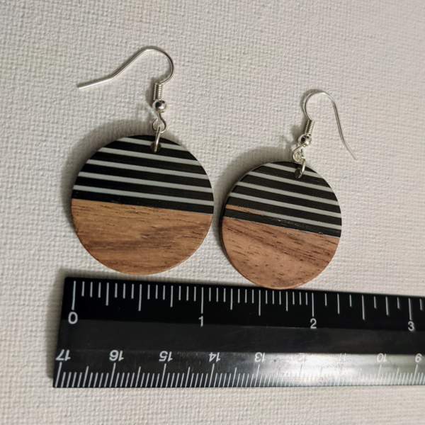 Black and White Stripe Resin and Wood Disc Earrings