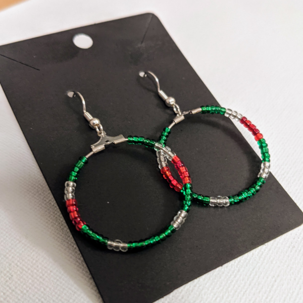 Red and Green Beaded Christmas Holiday Hoop Earrings