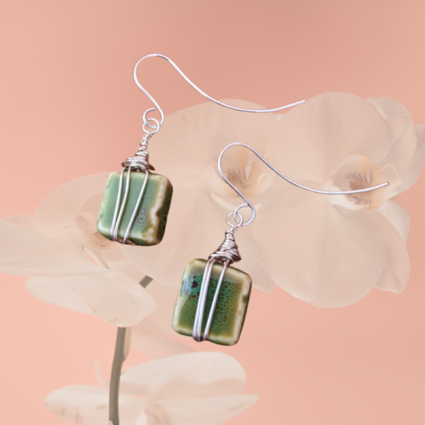 Statement Earrings - Hand wrapped green square ceramic beads with silver wire