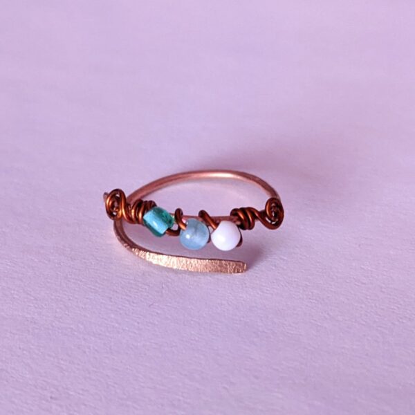 Solid Copper Ring with wire wrapped beads and hammered texture