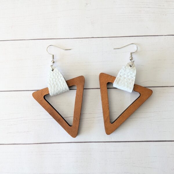 Triangle wood earrings with white leather accent